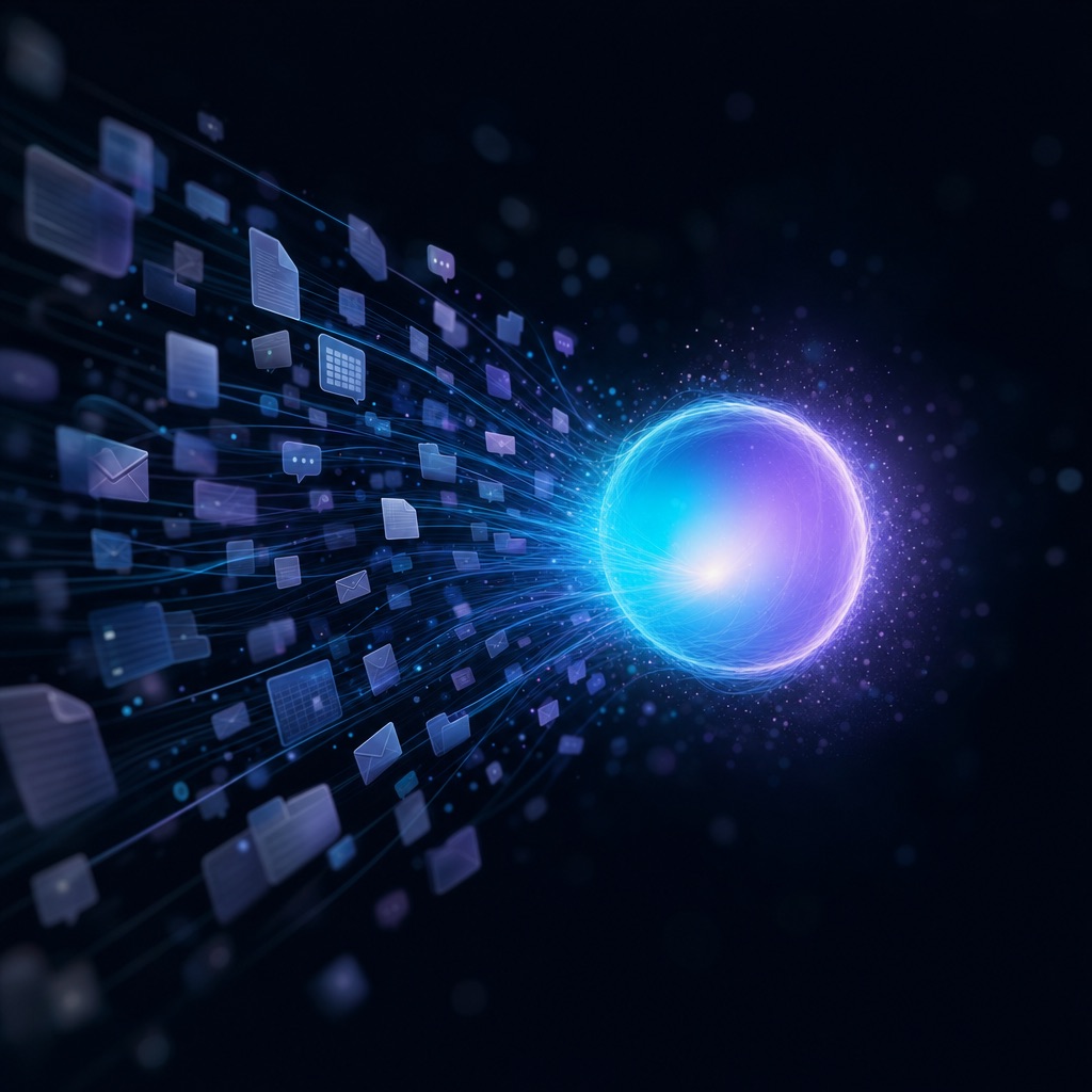 Scattered files, chats and emails being gathered into a single glowing core